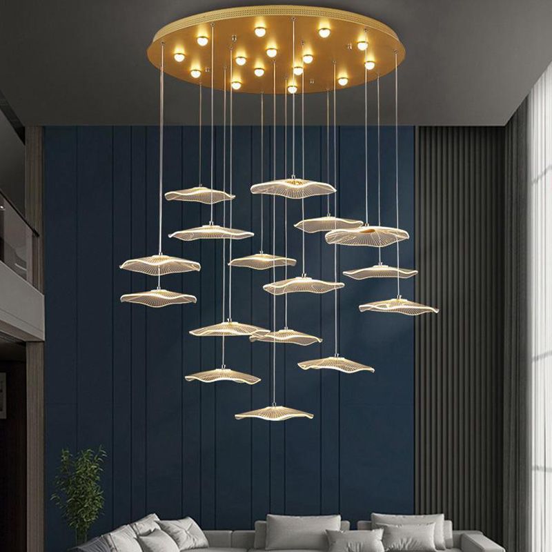 Minimalist Artistic Multi-Light Pendant Gold Lotus Leaf Hanging Light with Acrylic Shade