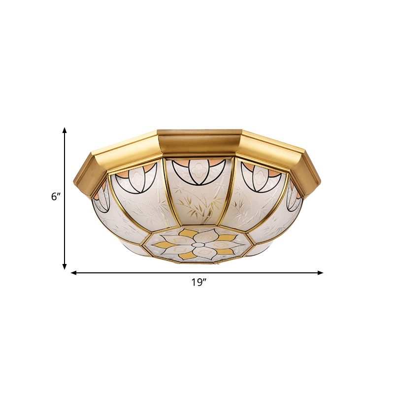 4 Lights Bowl Flush Mount Lighting Colonial Brass Frosted Glass Ceiling Light Fixture for Dining Room