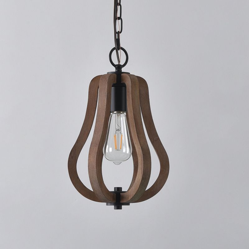 Caged Distressed Wood Hanging Pendant Light Country 1 Head Dining Room Suspension Lighting