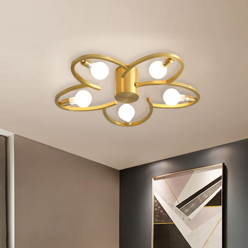 Modern Flower Semi Flush Mount Metallic 5/6-Head Bedroom Close to Ceiling Lighting in Gold