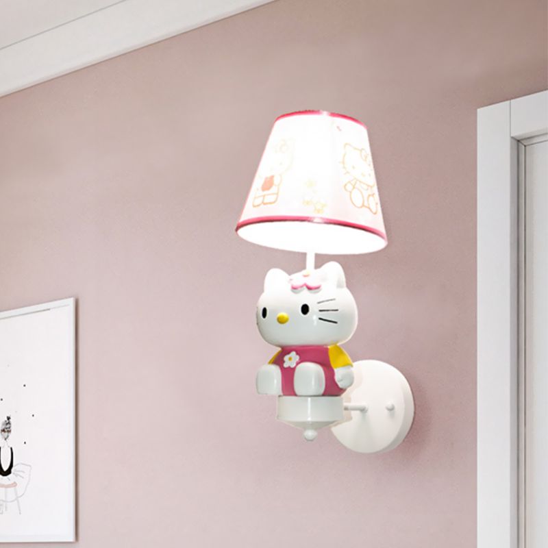 Cute Kitty Girl's Room Wall Lighting Resin Single Cartoon Sconce Fixture in Pink with Tapered Fabric Shade