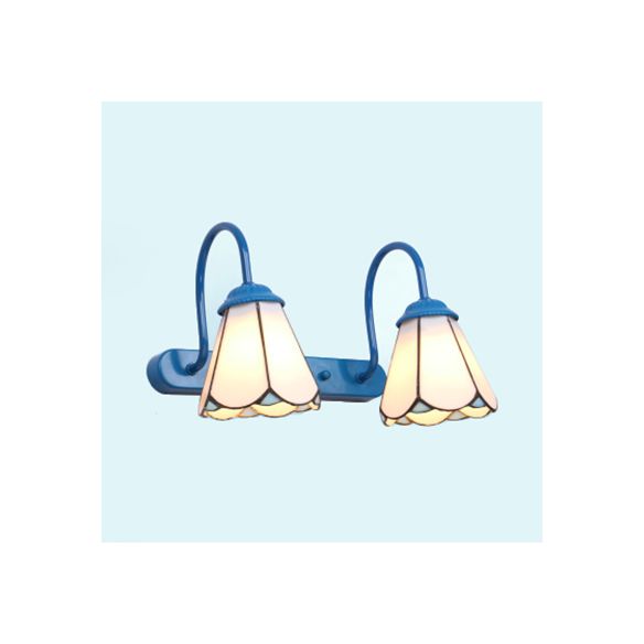 Tiffany Conical Vanity Lighting Fixture 2 Heads White/Blue Glass Wall Mounted Light for Bathroom
