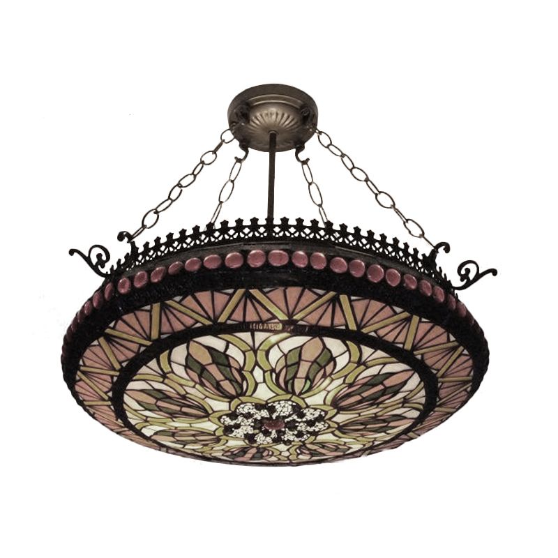 Inverted Chandelier Lighting Tiffany 3 Lights Stained Glass Hanging Light in Orange/Green