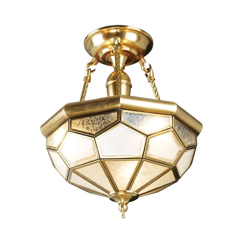 Brass 3/4 Heads Semi Flush Mount Colonialism Sandblasted Glass Dome Ceiling Fixture for Dining Room, 13"/16" W