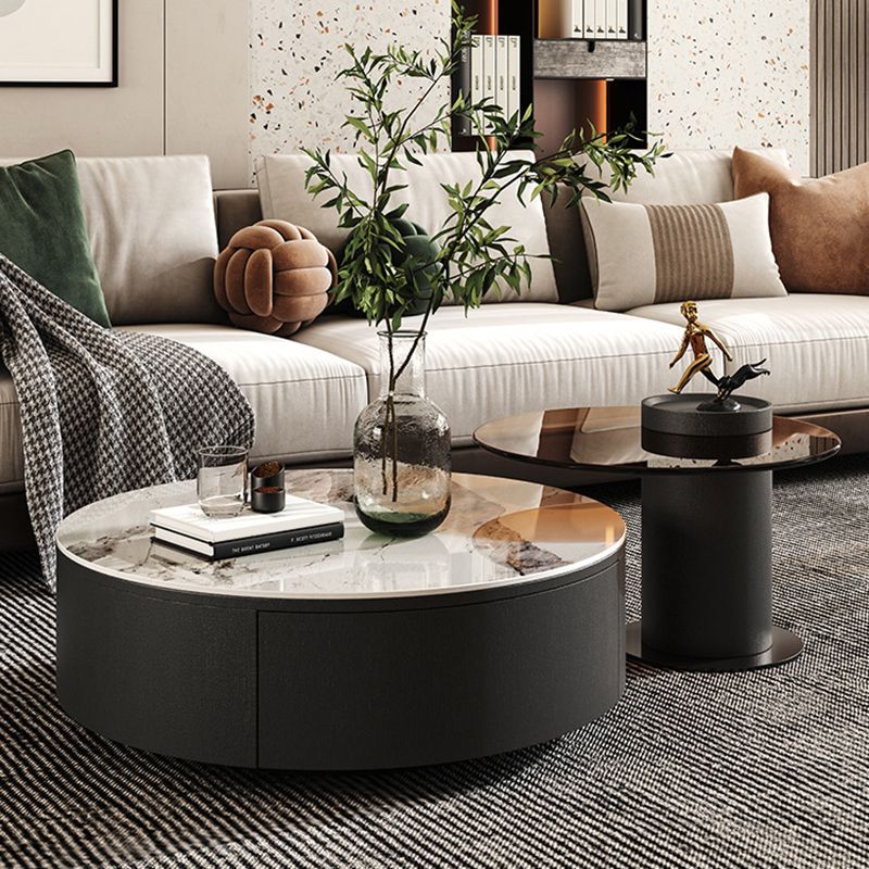 Stone Coffee Table Pedestal Nesting Coffee Table Set with Drawer