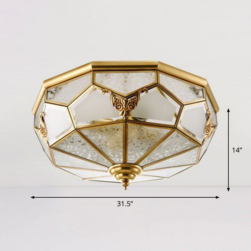 Flush Mounted Light Antique Dining Room Ceiling Lamp with Polygon Semi-Opaque Shade in Brass
