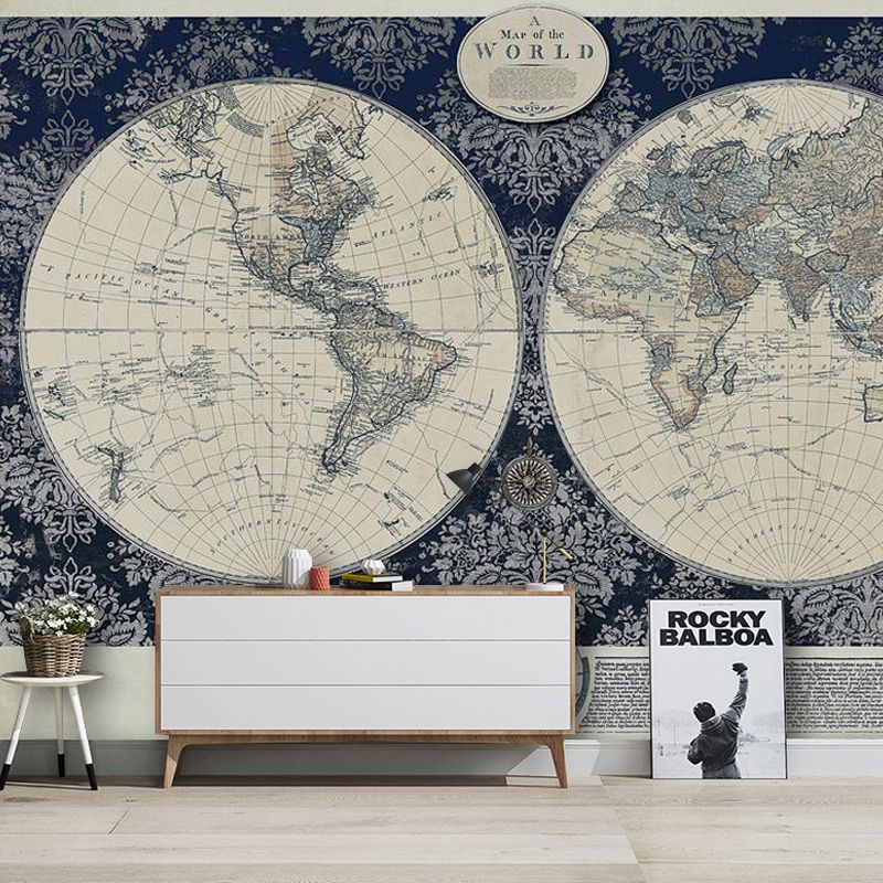 Full World Map Wall Art Nostalgic Novelty Mural Wallpaper in Light Color, Custom-Made