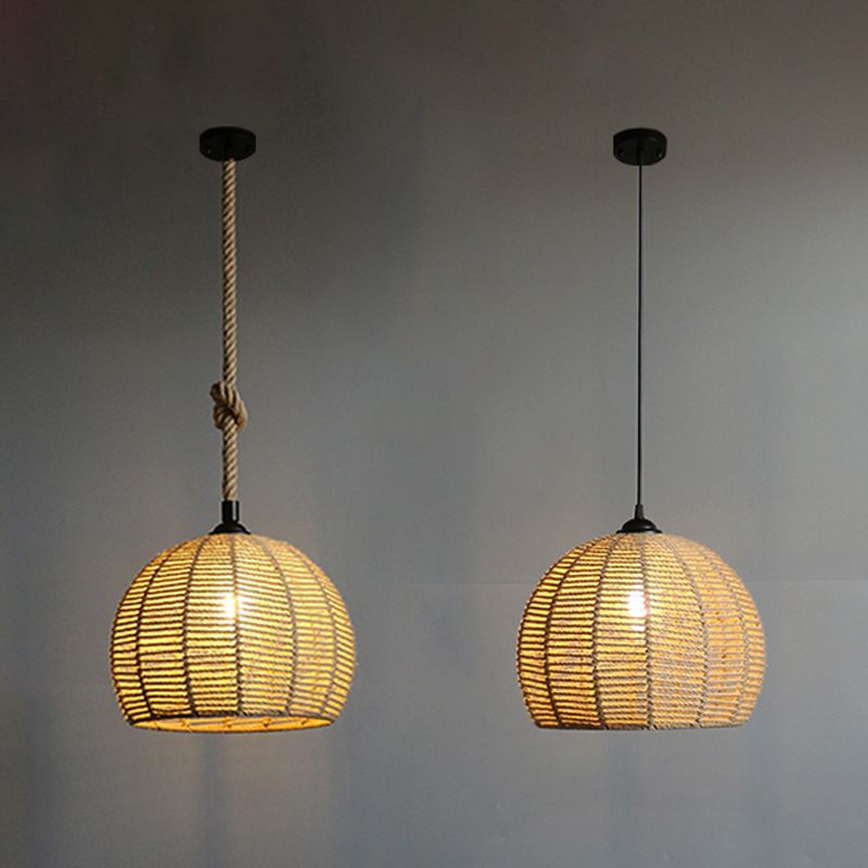 Spherical Shade Rattan Hanging Light 1-Light Asian Style Pendulum Light in Beige