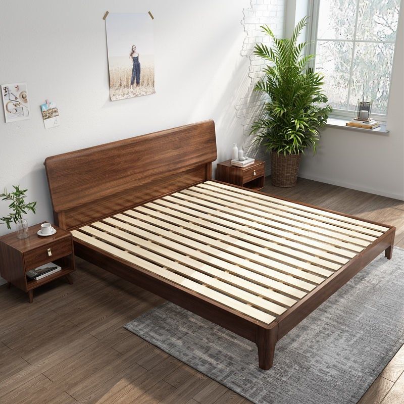 Mid-Century Modern Standard Bed Walnut Solid Color Panel Bed with Headboard
