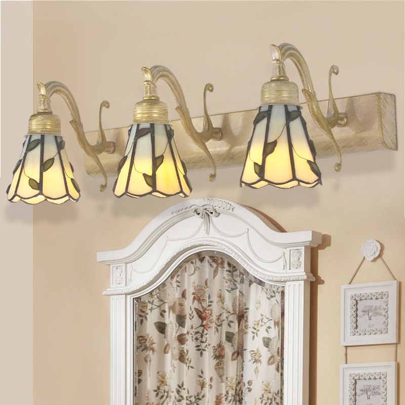 3 Heads Leaf Vanity Light Rustic Loft Stained Glass Makeup Mirror Light with Linear Backplate in Copper/Antique Brass/Gold