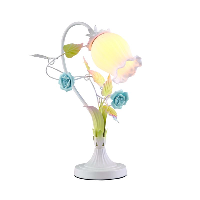 Scalloped Opal Glass Table Light Romantic Pastoral 1 Head Bedroom Night Lamp with Rose in Pink/Blue/White