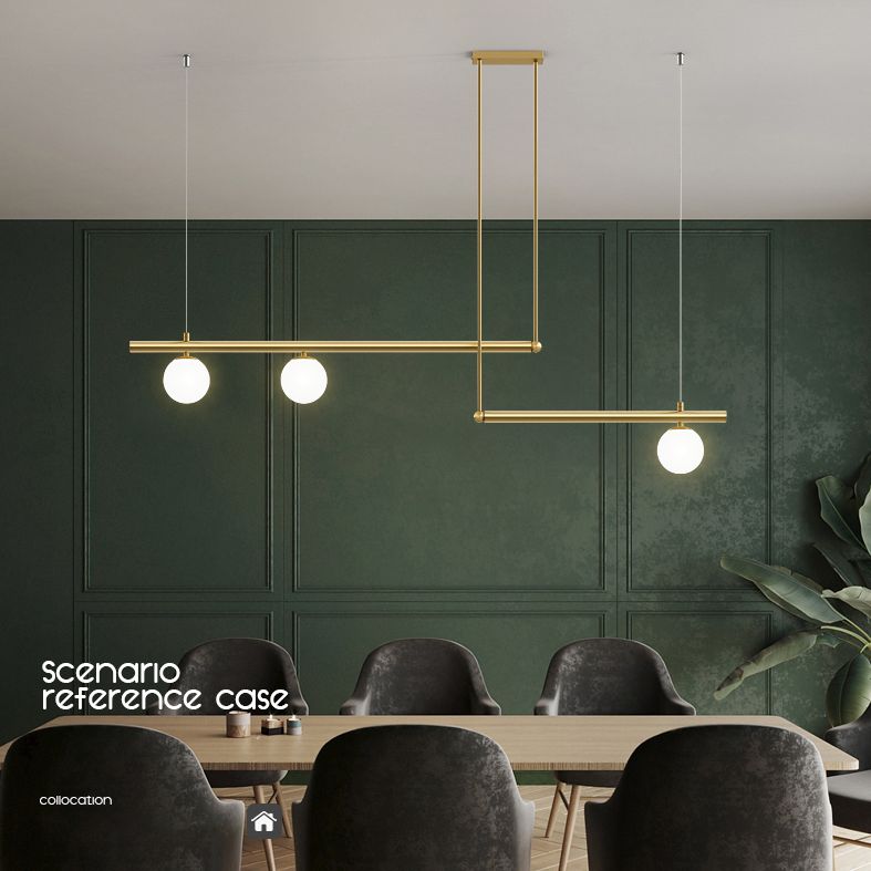 Gold Finish Linear Hanging Light Simplicity Metal Island Light with Ball White Glass Shade