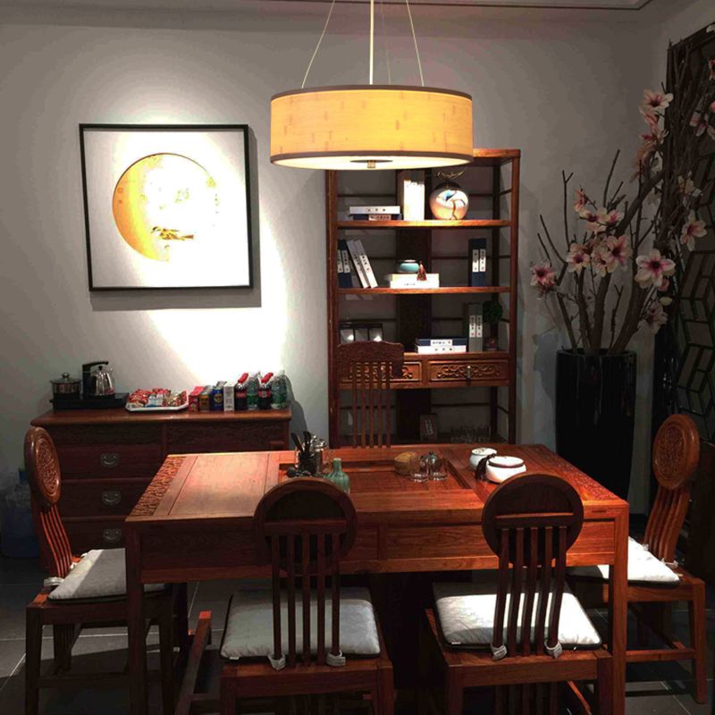 Luz de colgante de trabajo a mano con tono de batería de tambor moderno lámpara de techo de madera de 5 luces