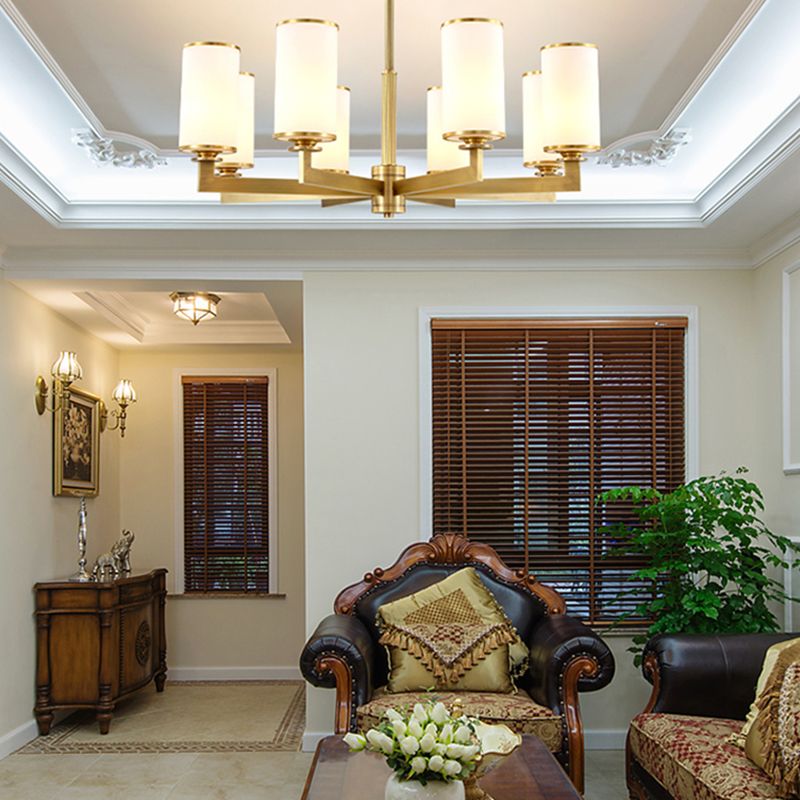 Traditional Brass Cylinder Chandelier Lamp Glass Shade Multi-light Hanging Light Fixtures