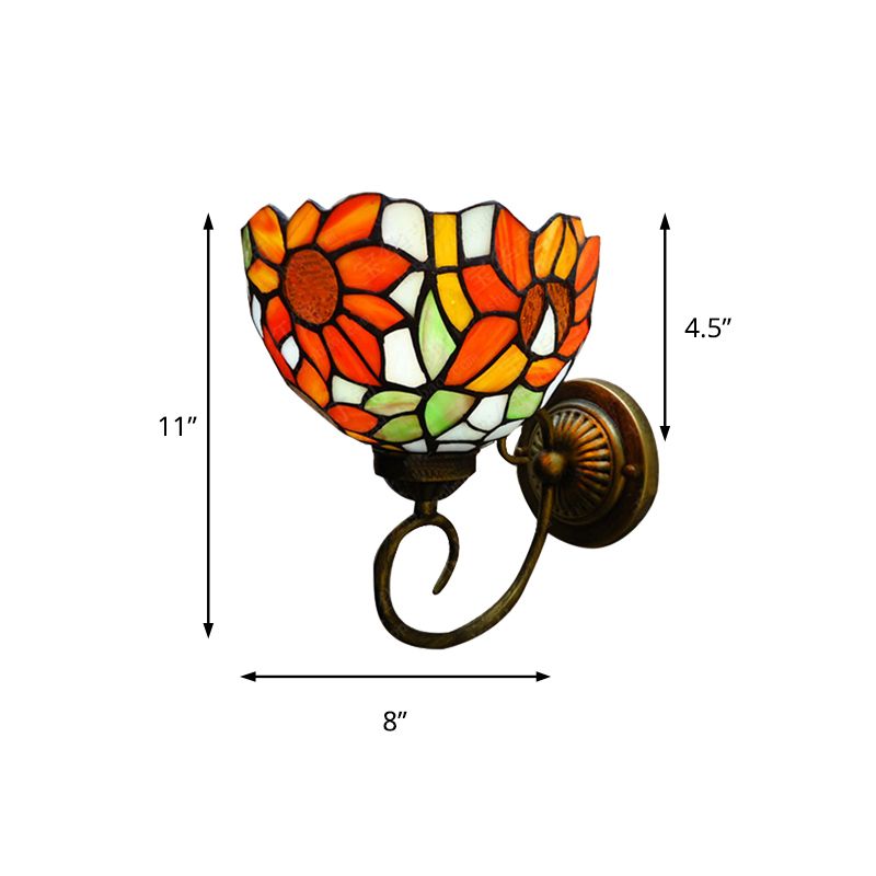 Victorian Sunflower Wall Mounted Light 1 Head Stained Glass Sconce Light in Orange