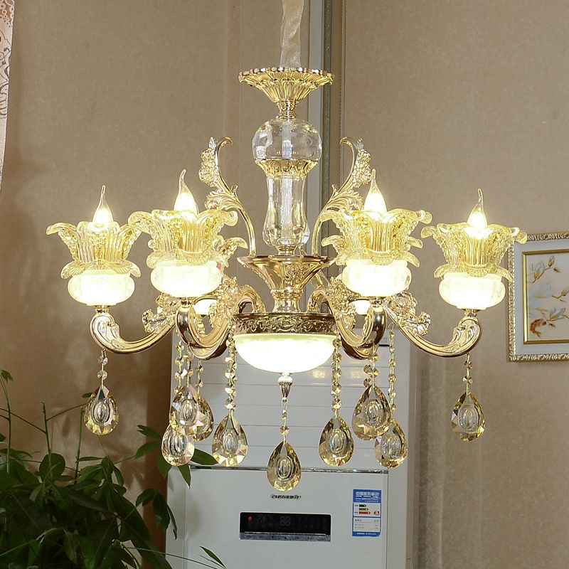 6 Lights Floral Hanging Chandelier Mid-Century Gold Crystal Ceiling Suspension Lamp