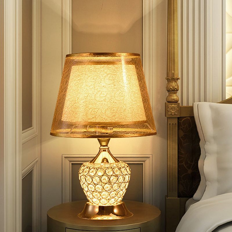 Fabric Flared Shade Table Light Modern 1 Head Gold Small Desk Lamp with Crystal Bead