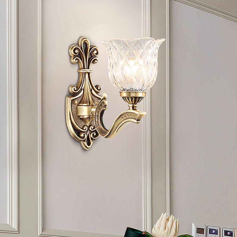 1/2-Head Wall Lighting Idea Cottage Blossom Clear Lattice Glass Brass Sconce Light Fixture