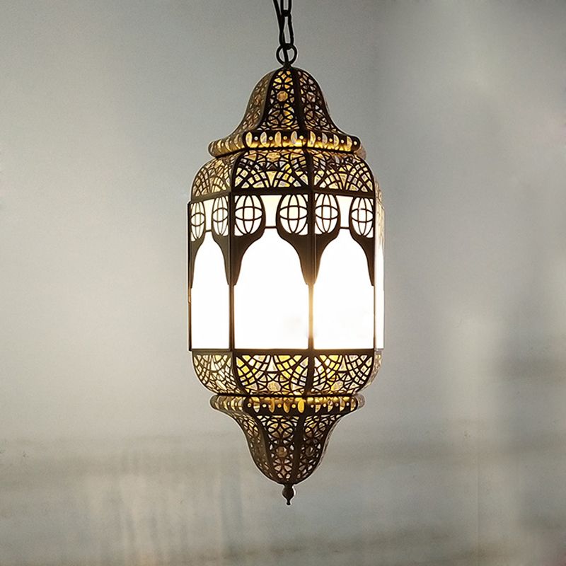 Antique Lantern Hanging Lamp 4 Bulbs Frosted Glass Ceiling Chandelier in Brass for Restaurant