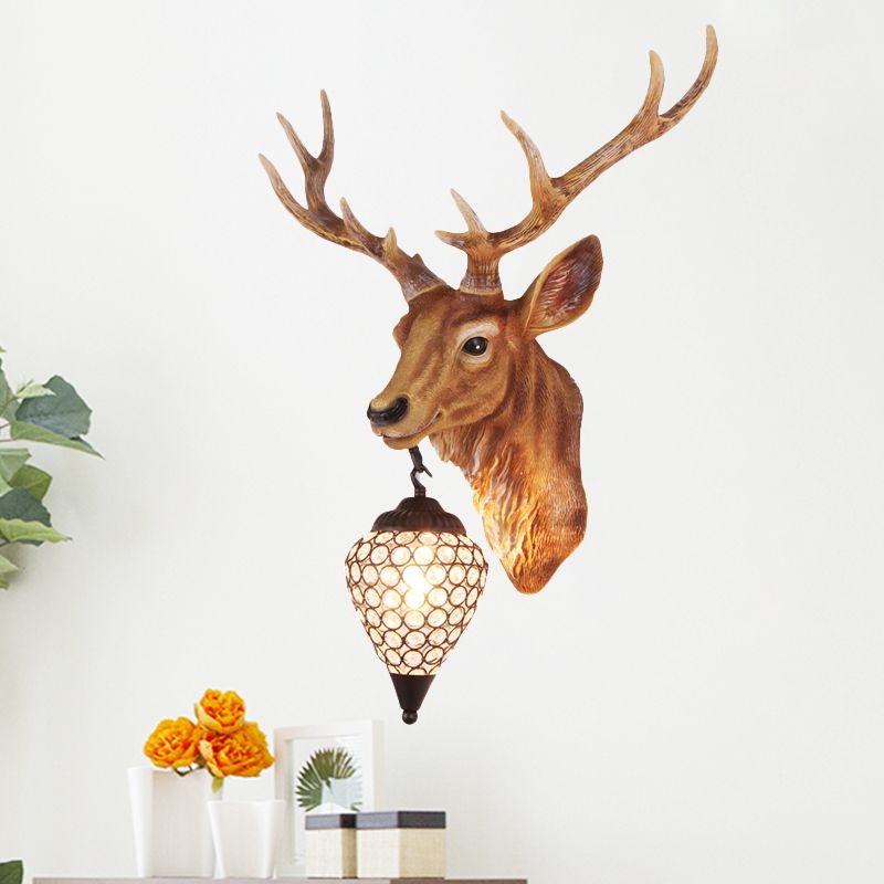 Teardrop Beveled Crystal Wall Lighting Country 15"/20.5"/24.5" Wide 1 Head Bedroom Sconce Lamp with Deer Head in White/Yellow/Gold