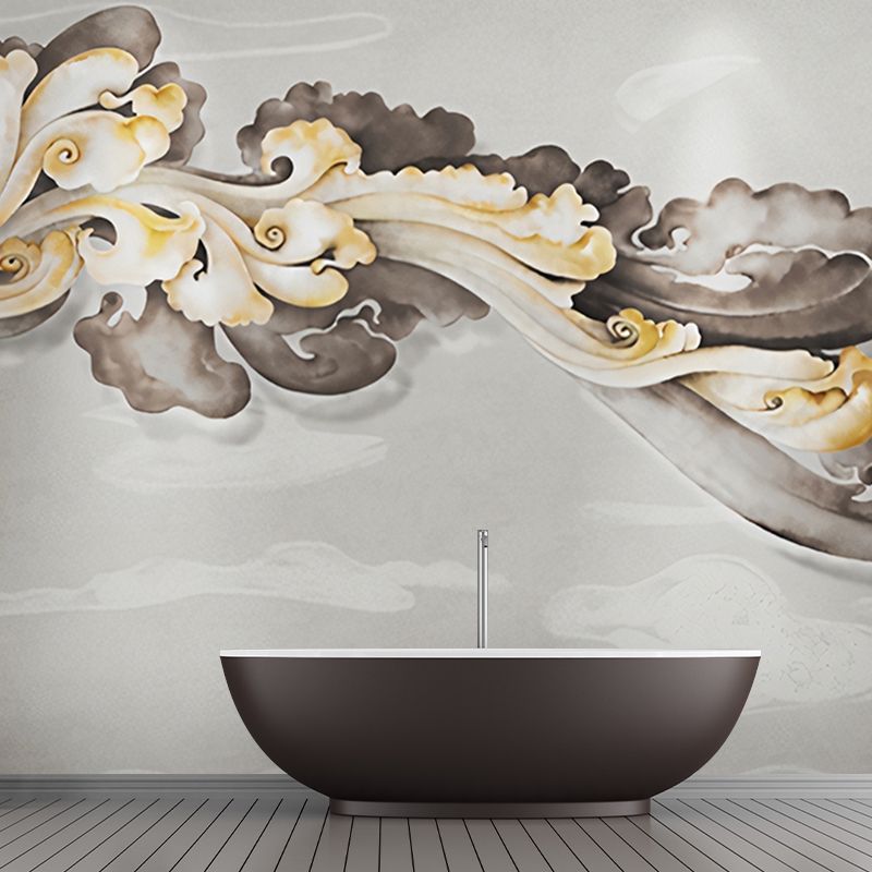 Giant Wall Mural Traditional Classic Cloud Wall Covering in Yellow and Grey