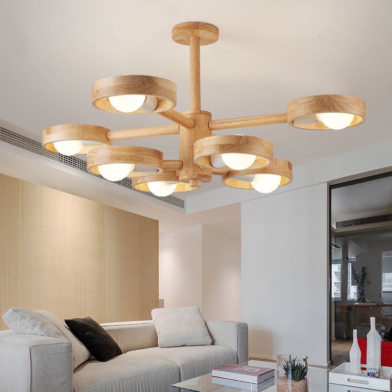 Circular Shaped Ceiling Lighting Contemporary Wood Living Room Chandelier Light Fixture