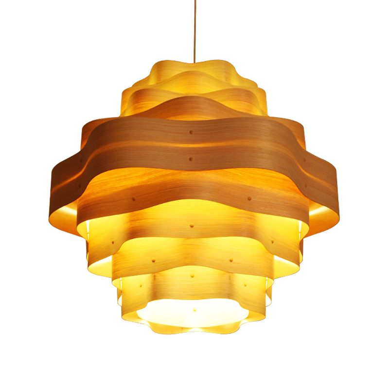 Wavy Layered Wood Pendant Lighting Asia Novelty 1 Bulb Beige Suspended Lighting Fixture