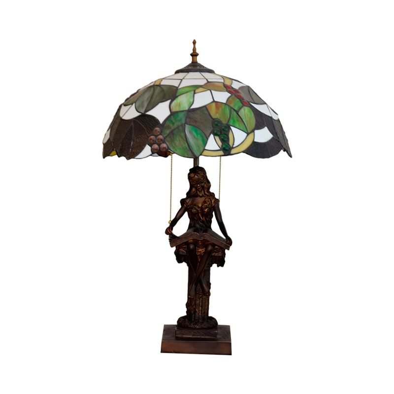 Green Glass Grapevine Night Lamp Tiffany 2-Head Coffee Pull Chain Table Lighting with Reading Girl Base in Coffee