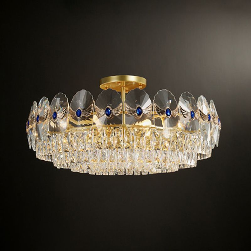 Tiered Semi Flush Light Artistic Beveled Crystal Living Room Flush Ceiling Light Fixture in Gold