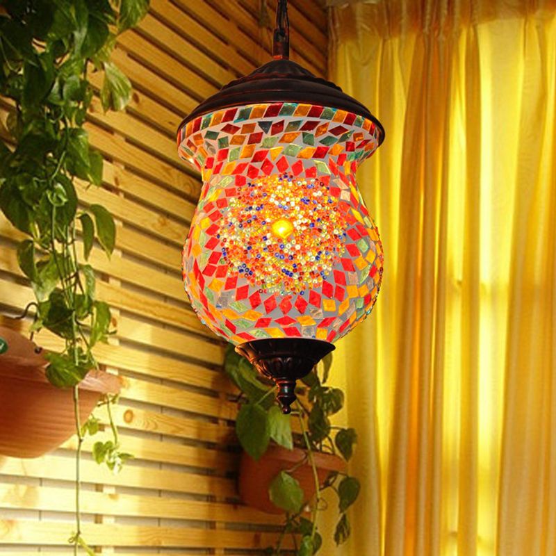 1 Head Urn Pendant Lamp Traditional Copper Stained Art Glass Hanging Light Fixture for Foyer