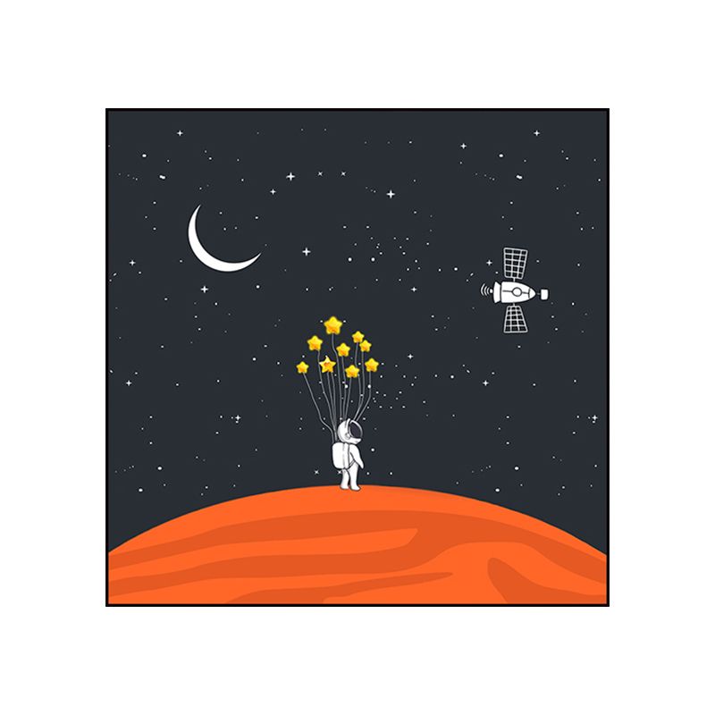 Astronaut and Starry Night Canvas Textured Kids Style Bedroom Wall Art Decor in Dark Color