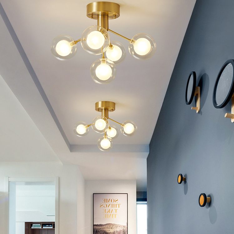 Ball Semi Flush Mount Chandelier Modern Clear and Frosted Glass 5-Light Corridor Ceiling Light