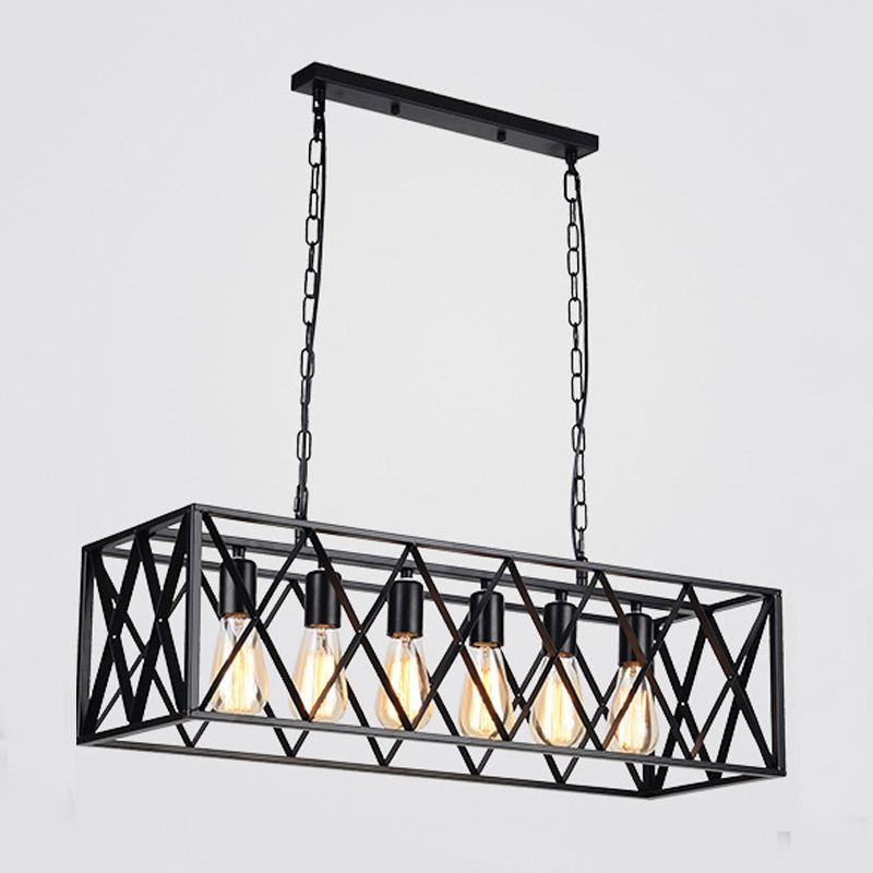 Rectangular Shape Pendant Light Modern Style Metal 4/6 Lights Hanging Lamp in Black