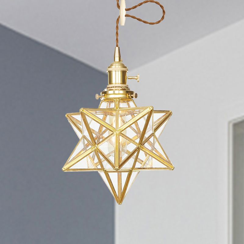 Star Shaped Pendant Lighting Postmodern Clear/Frosted Glass 1 Light Brass Hanging Light Kit with Adjustable Rope