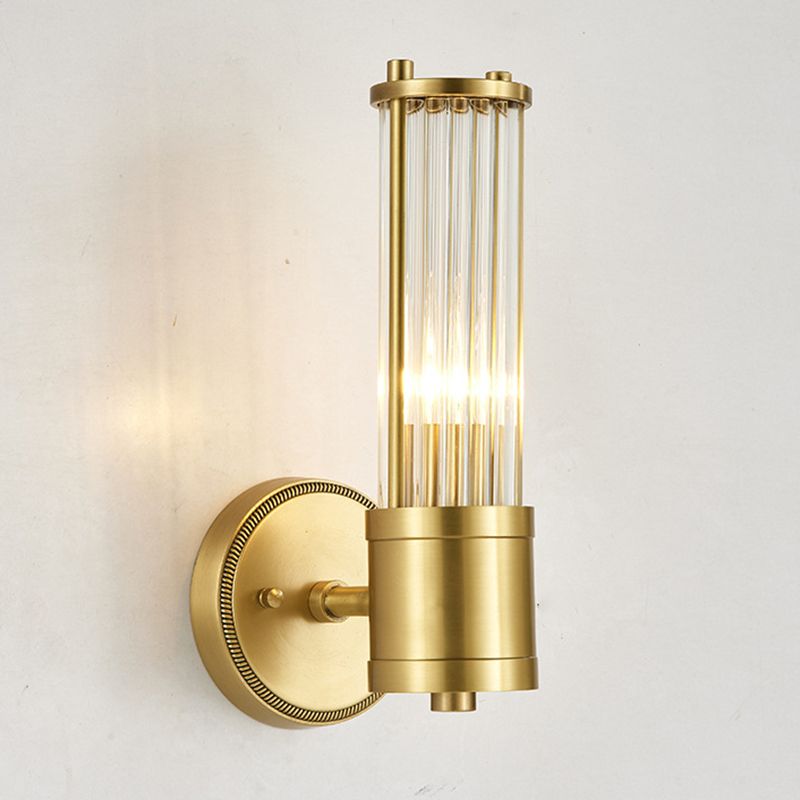 1 / 2 - Light Cylinder Wall Sconce in Gold and Clear Solid Brass and Glass Wall Light