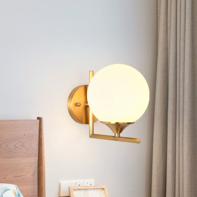 Sphere Bedside Wall Sconce Milk Glass 1-Light Minimalist Wall Mounted Light with Right Angle Arm in Gold