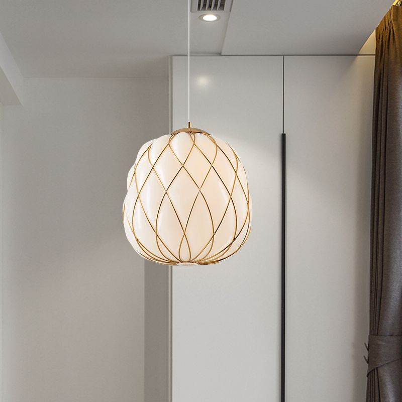 Wrapped White Glass Pendulum Light Modernism Gold 1 Head Ceiling Lamp for Bedroom