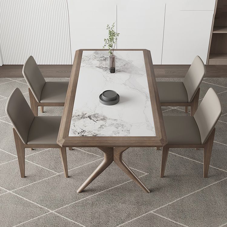 Modern Rectangular Stone Top Dining Table with Solid Wood Legs for Living Room