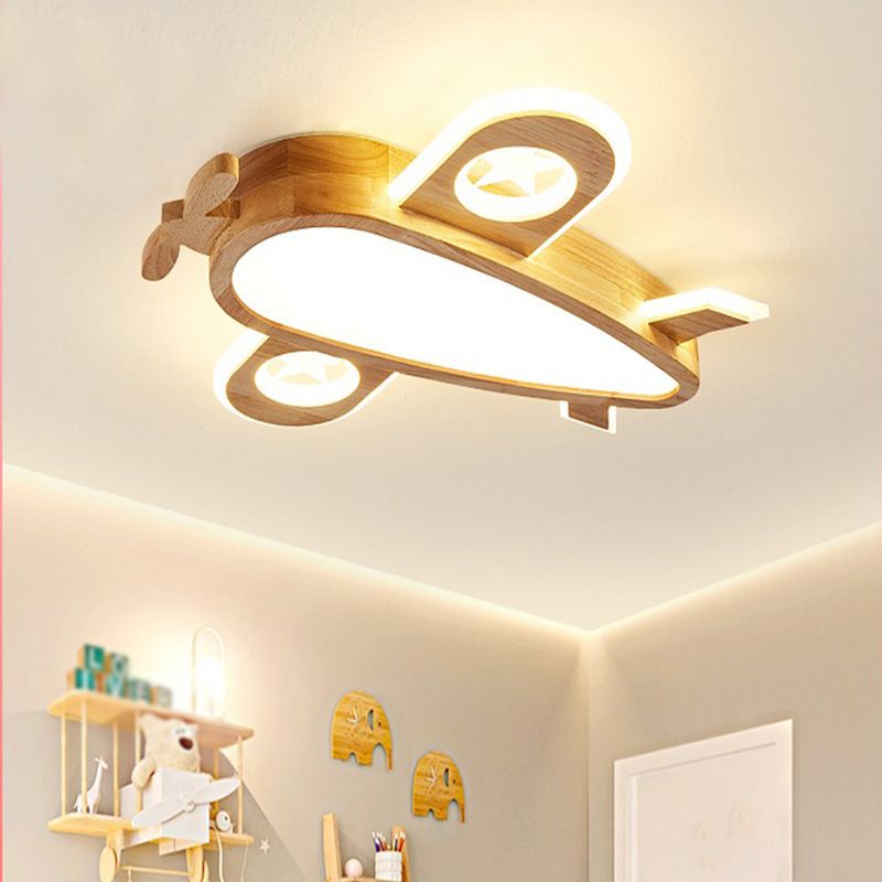 Airplane Flush Mount Light Wood Cartoon LED Ceiling Light for Children's Room