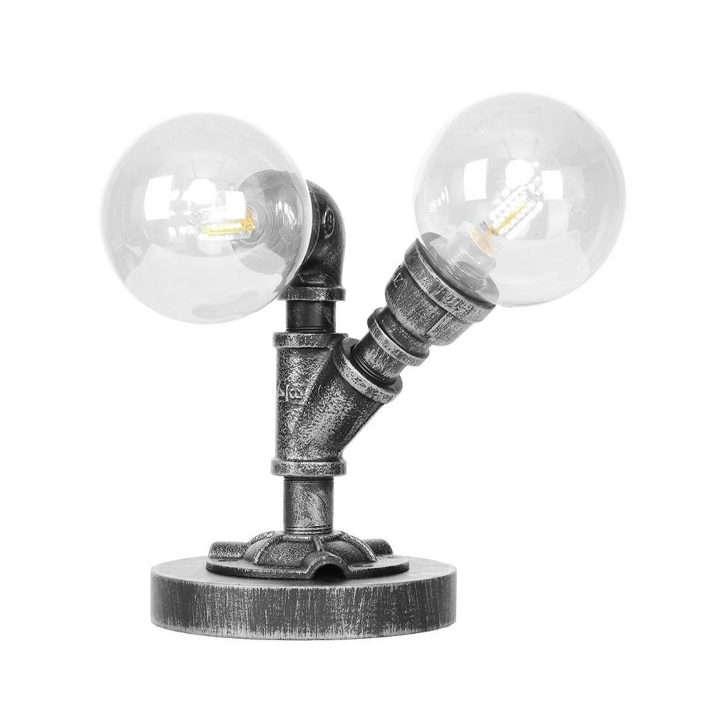 Lámpara de escritorio de 2 luces Sombra redonda industrial de sombra transparente/iluminación de mesa de vidrio ámbar en plata antigua