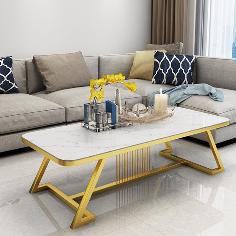 Glam Style Coffee Table with Trestle Base and Marble Top in Rectangle