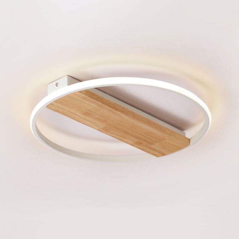 Modern LED Ceiling Light Fixture White Circular Ceiling Mounted Light with Wooden Shade