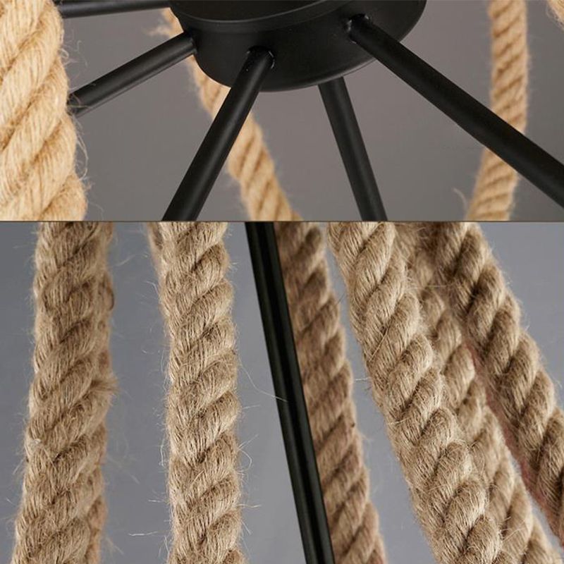 Loft Style Candelabrum Chandelier 8 Bulbs Hemp Rope Hanging Lamp in Black for Living Room