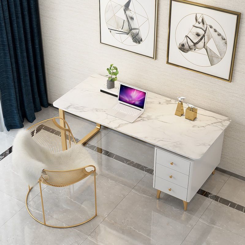 Glam White Marble Writing Desk with 3-Drawer Rectangular Office Desk