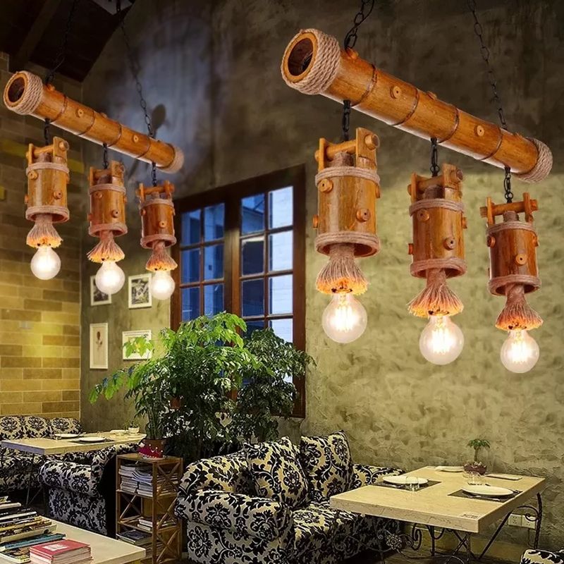 Countryside Chinois Bodet Pendant lampe 3-BULB BAMBO ISLAND LIGHTSURS AVEC ACCENTEMENT DE CORDE EN BRAUNE