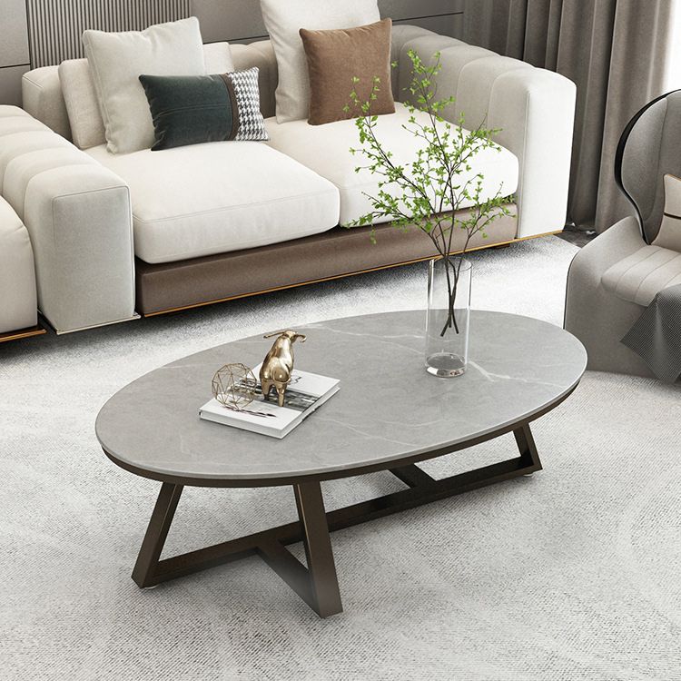 17.7" Tall Iron Cross Legs Cocktail Table Oval Slate Top Coffee Table