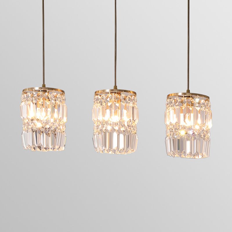 3-Lights K9 Crystal Drops Shade Island Light Brass Contemporary Style Kitchen Bar Hanging Lamp in Gold