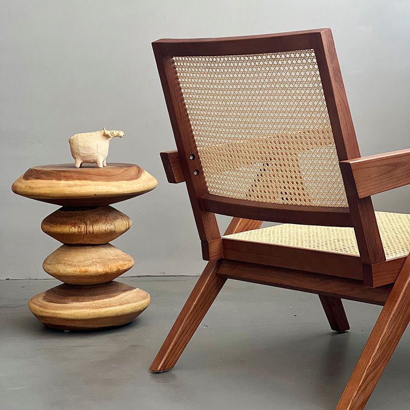 Woven Back Lounge Chair Solid Wood Arms Included Chair with Cushion