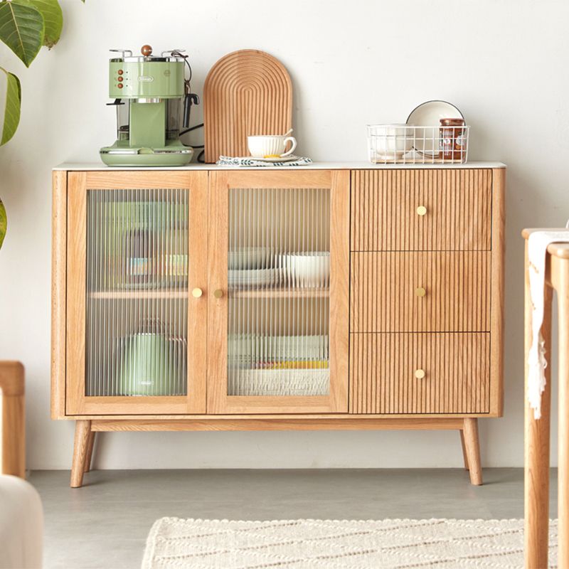 Oak Finished Sideboard Modern Style Glass Door with 3 Drawer