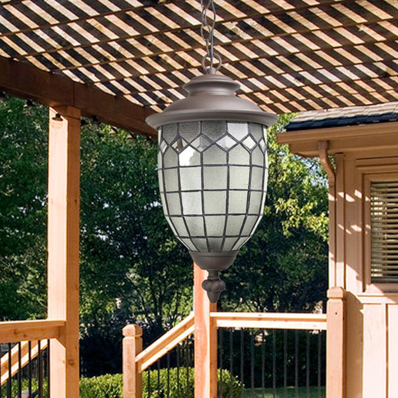 Coffee Dome Shade Ceiling Pendant Rustic Style Frosted Glass 1-Light Outdoor Hanging Light Kit with Grid Design